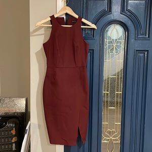 High neck burgundy dress with modest slit